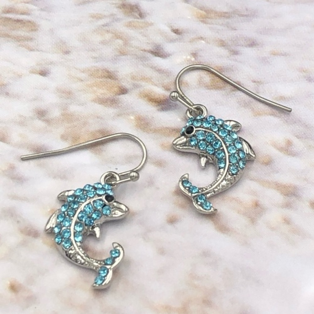 🌼 Blue Rhinestone Dolphin Dainty Dangle Earrings